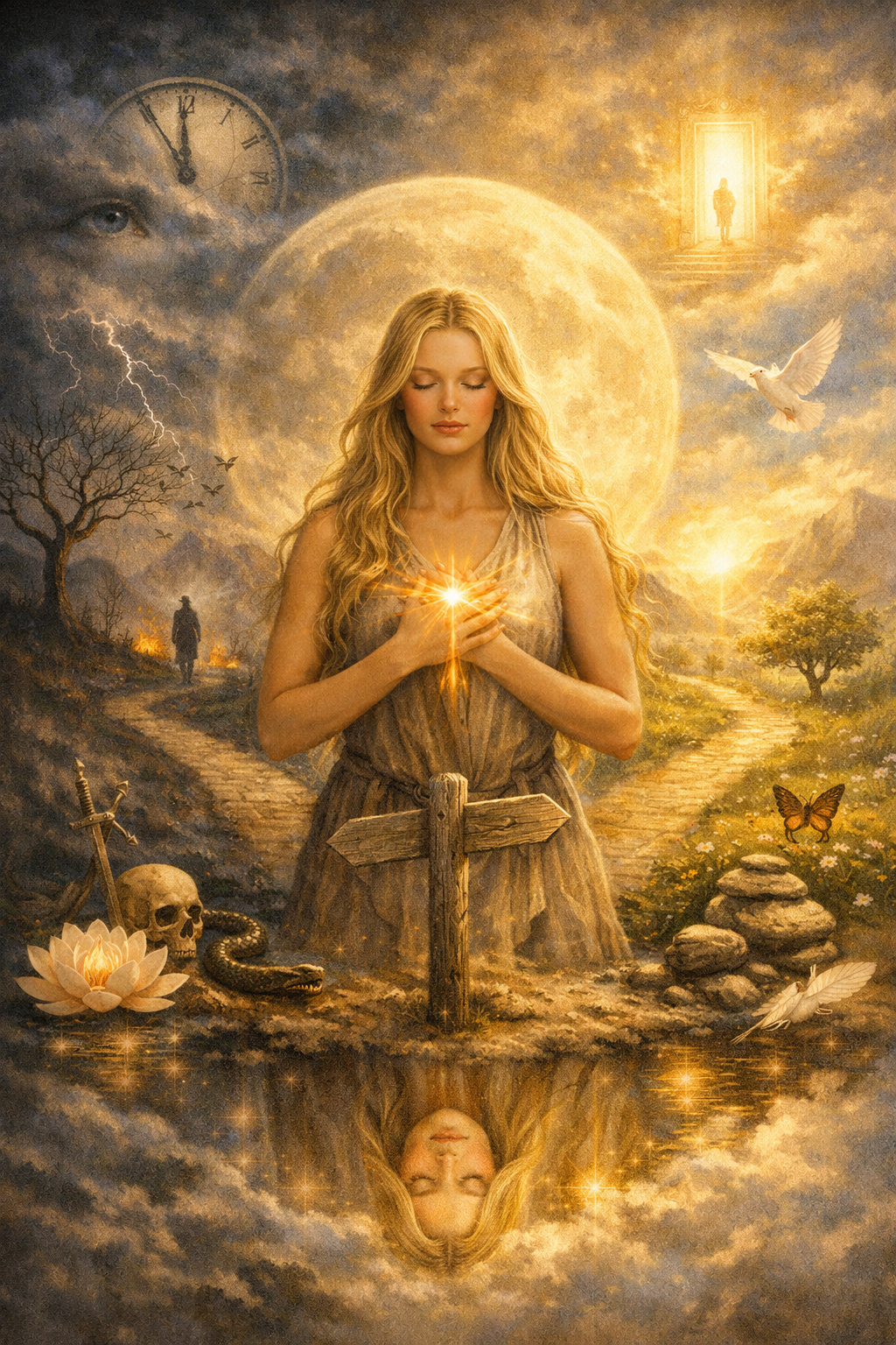 A mystical woman with long blonde hair, holding a glowing light to her chest, standing at a crossroads with a wooden signpost, surrounded by celestial and natural elements like a large moon, birds, butterflies, a skull, a snake, and a glowing lotus flower. A man walks along a path in the background, with an open door emitting bright light above.