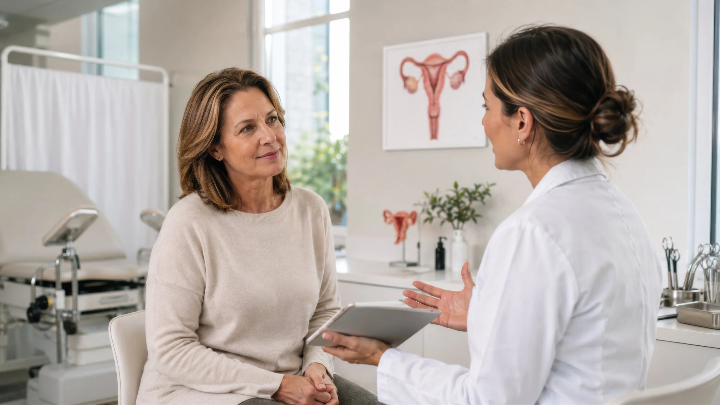 Woman in midlife talking with a female clinician during a health visit