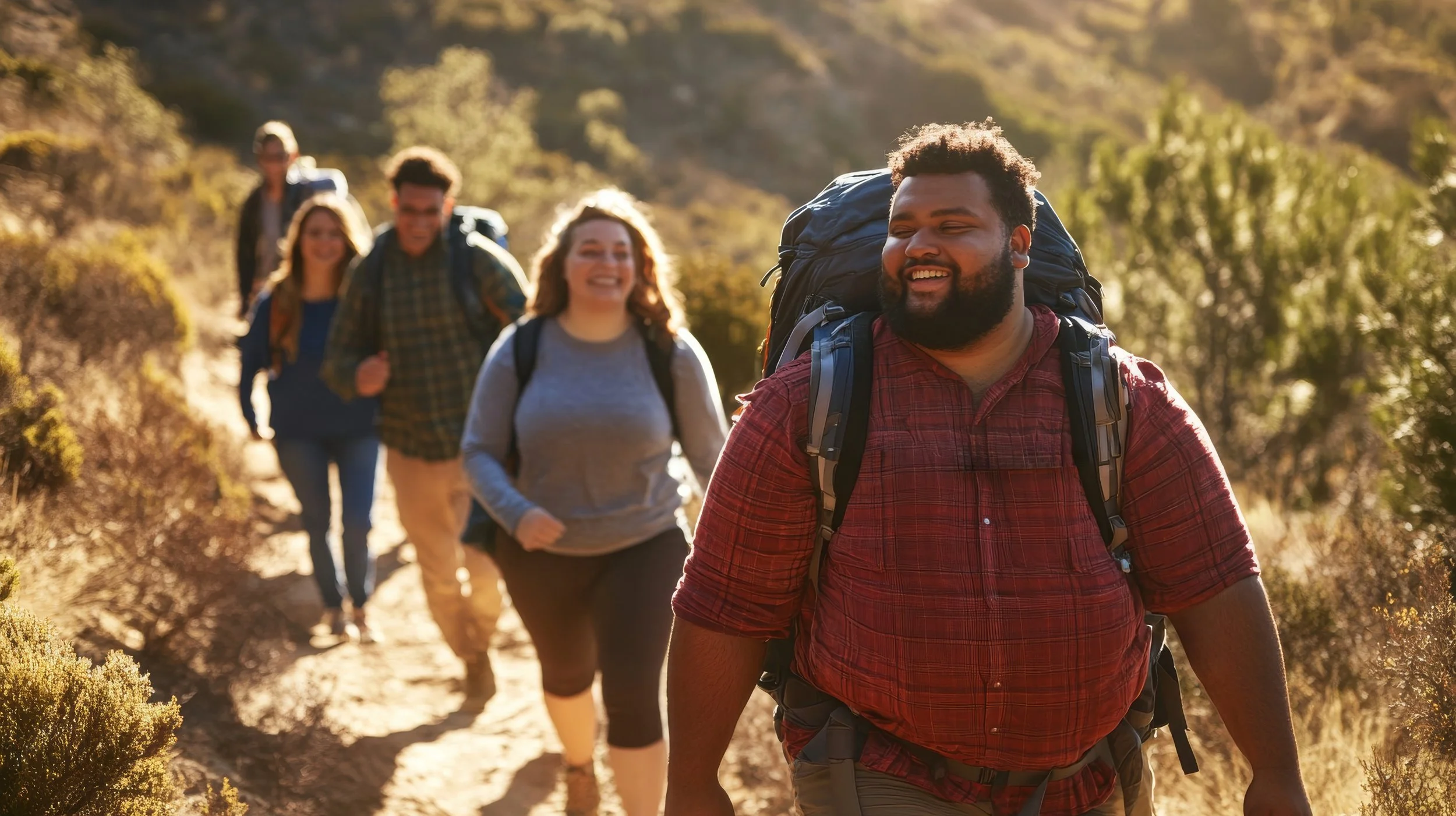 Group of friends of different sizes smiling while hiking a sunny trail