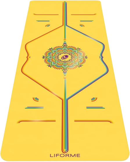 A colorful, symmetrical mandala design with intricate patterns and vibrant colors, set against a yellow background, with lines extending outward and the text 'LIFORME' at the bottom.