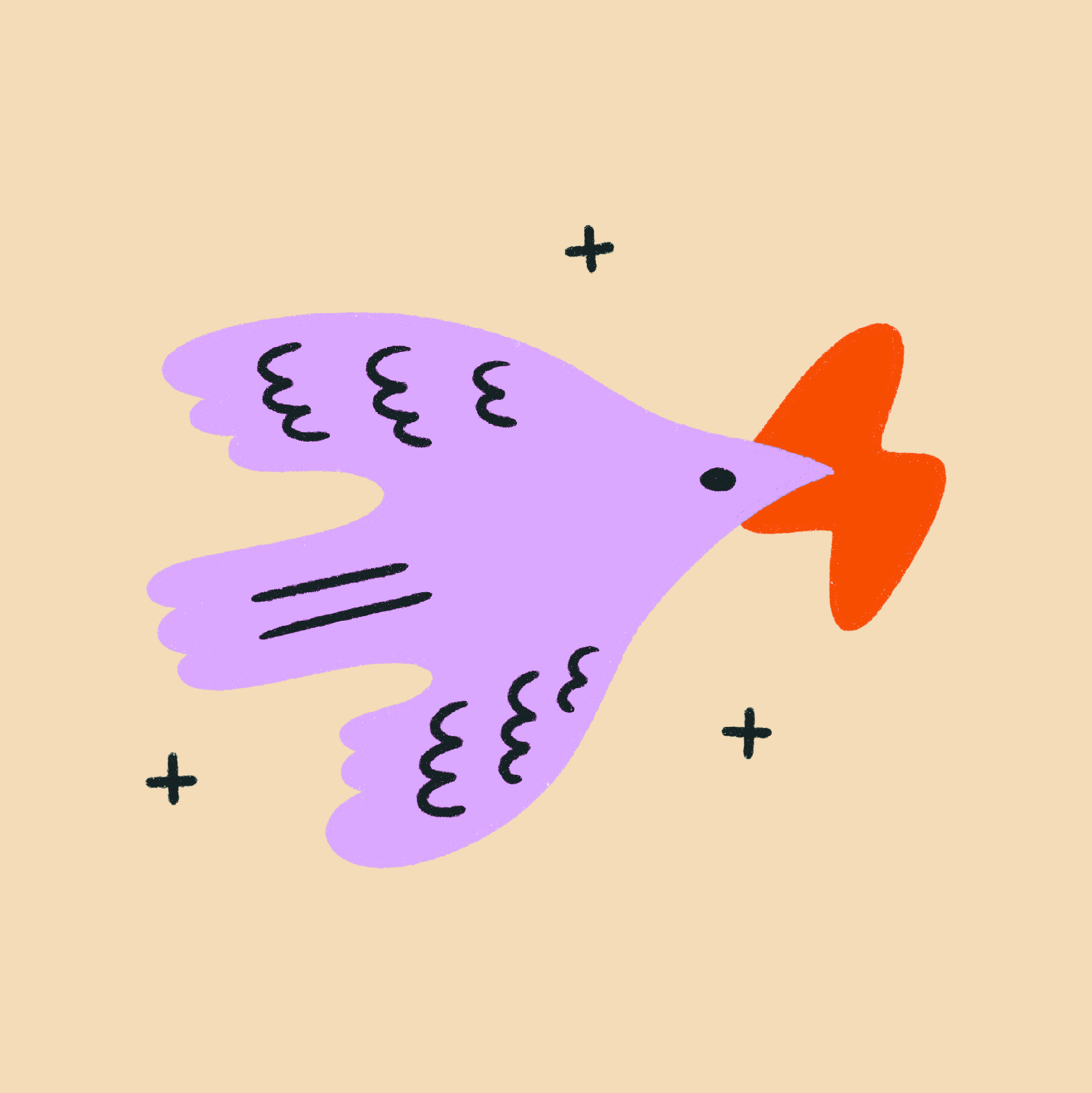 purple bird flying with an orange lightning bolt in its. mouth
