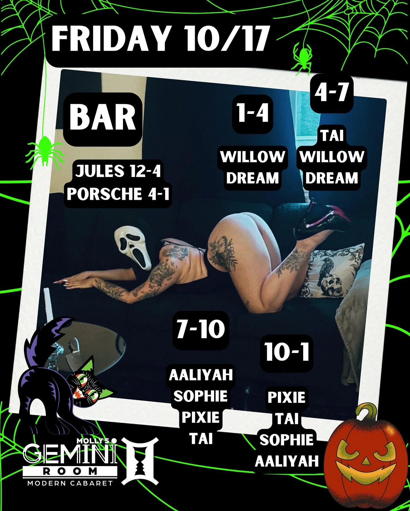 It&rsquo;s Freaky Friday! Come tell us what your favorite scary movie is 😛 
Saturday night we are switching things up from spooky to snazzy - grab your mask and dress to impress for Molly&rsquo;s Masquerade!