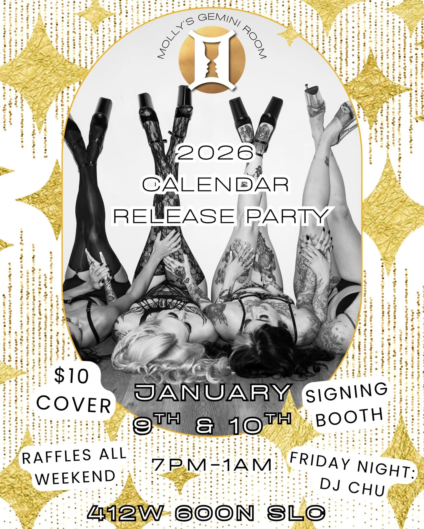 It&rsquo;s almost time for our 2026 calendar release party weekend!  Join us for the big kick off party on Friday the 9th ft DJ @chuonwax and then continuing Saturday the 10th with another night of fun with the crew only at @mollysgeminiroom!