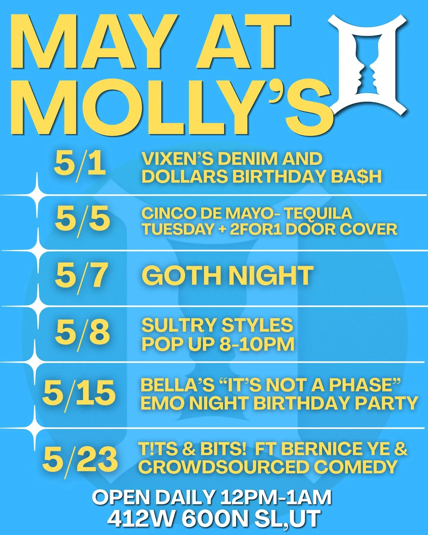 May events! Kicking off the month with 3 events this week- including a @sultry.styles.ut pop up on Friday night! Also we have the return of T!ts &amp; Bits with @crowdsourcedcomedy on the 23rd. Can&rsquo;t wait to hang with you all month long SLC!