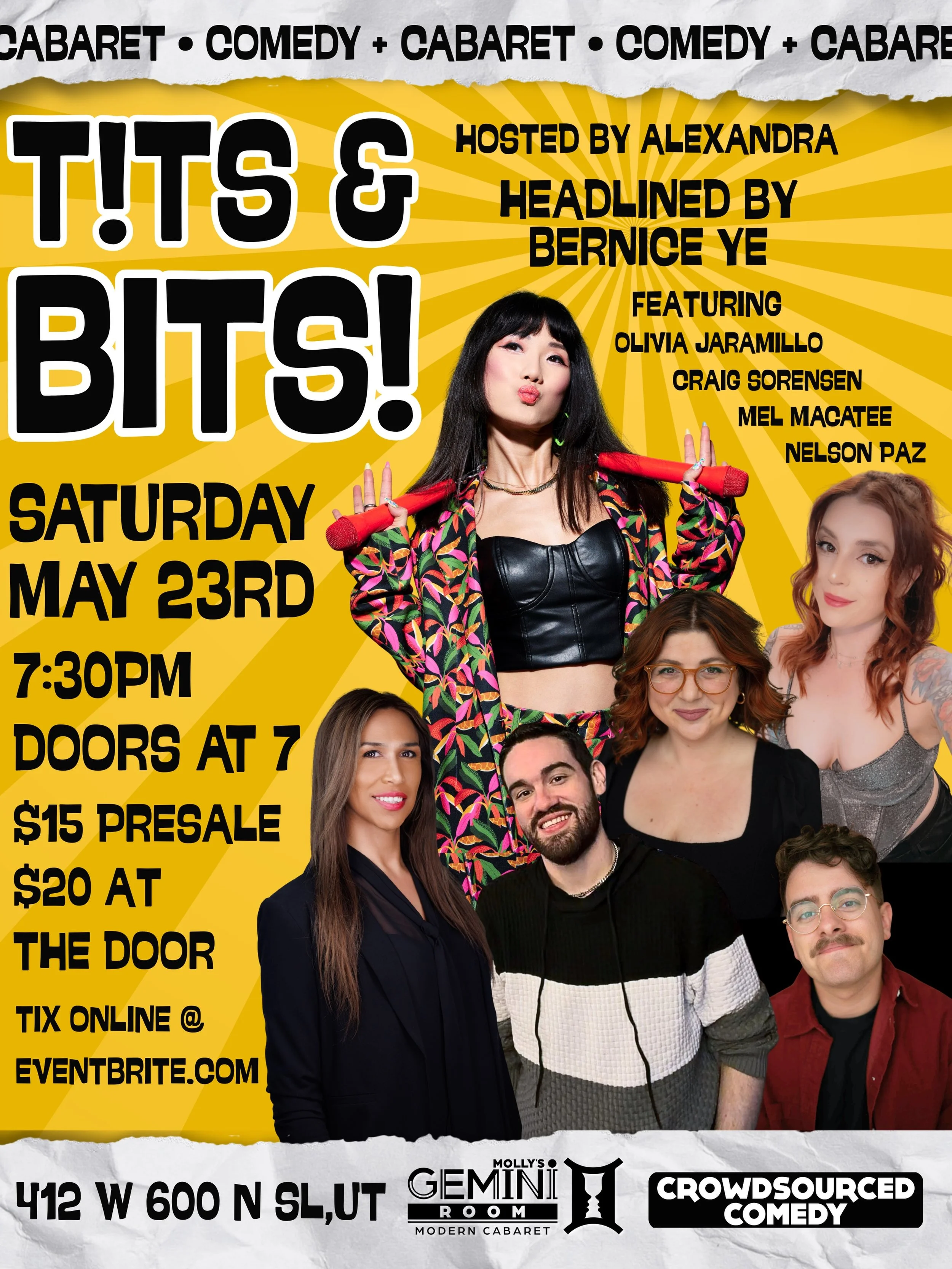 It&rsquo;s time for another edition of T!ts &amp; Bits! with our friends at @crowdsourcedcomedy! We can&rsquo;t wait to welcome @bernicecomedy to our stage in SLC! Featuring some of your favorite locals and of course our host @crybabecomedy + the lad