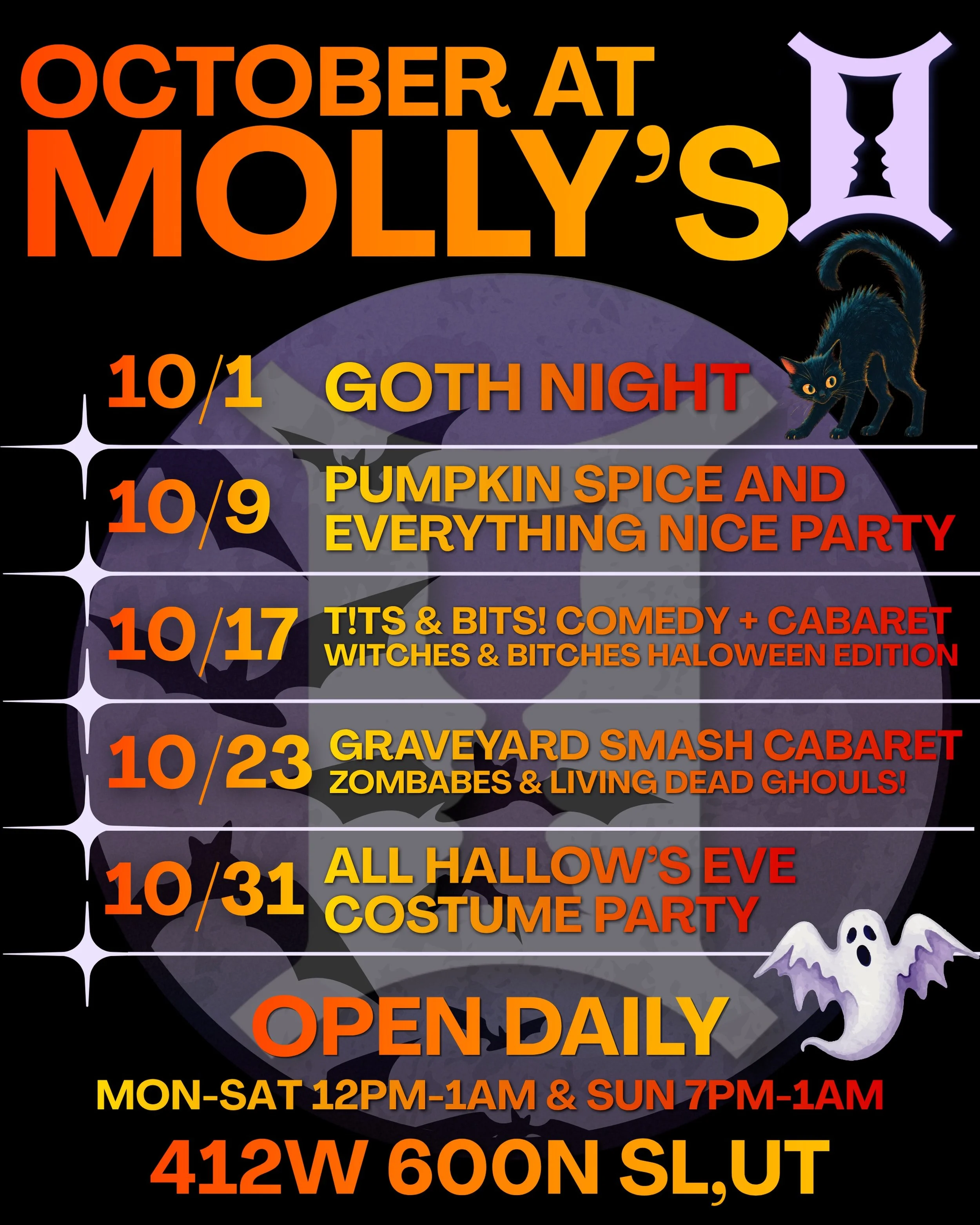 October is here and we&rsquo;ve got a lil something for everyone happening all month long. Kicking things off today with Goth Night at 7! Only at Molly&rsquo;s- where the ghouls play 👻