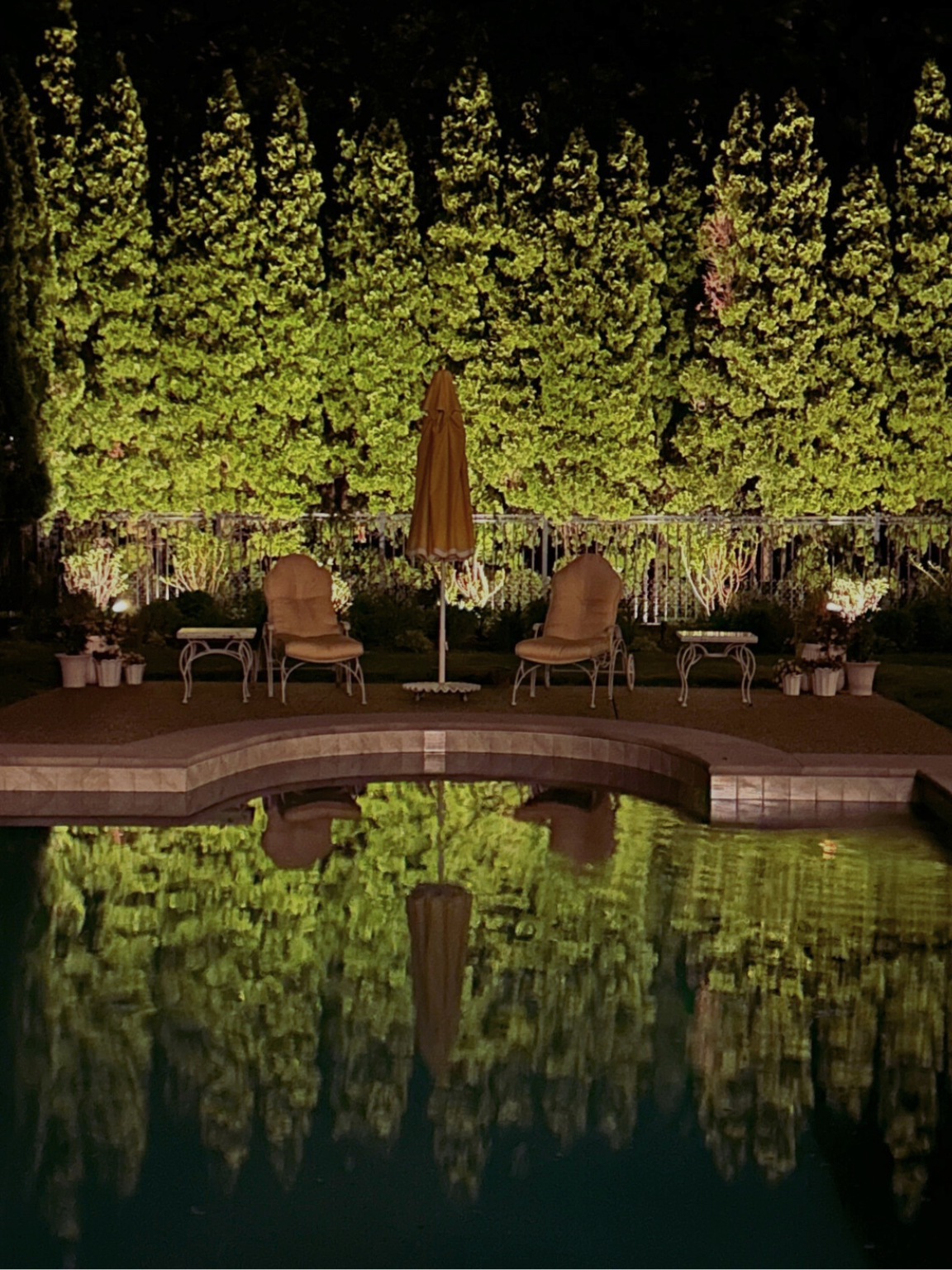 Nighttime scene of a backyard with a small pool, two chairs, a closed umbrella, and plants, with a large, illuminated green hedge and trees reflected in the pool's water.