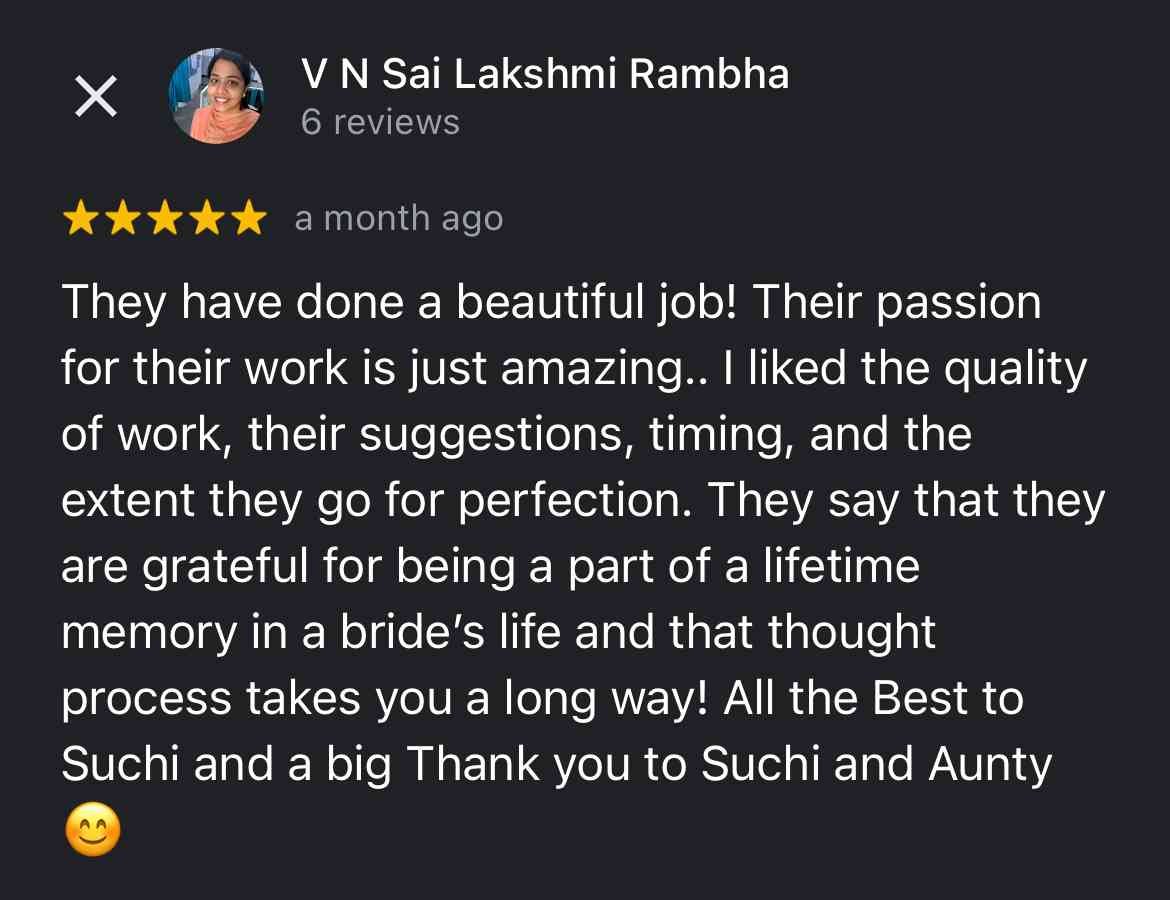 Screenshot of a positive Google review for V N Sai Lakshmi Rambha, praising their work and expressing gratitude.