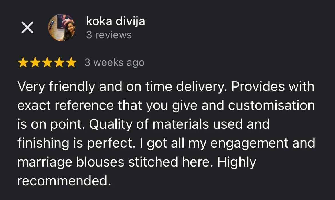 Screenshot of a 5-star review for Koka Divija praising her for on-time delivery, precise customization, quality materials, and finished marriage blouses, with the reviewer recommending her highly.