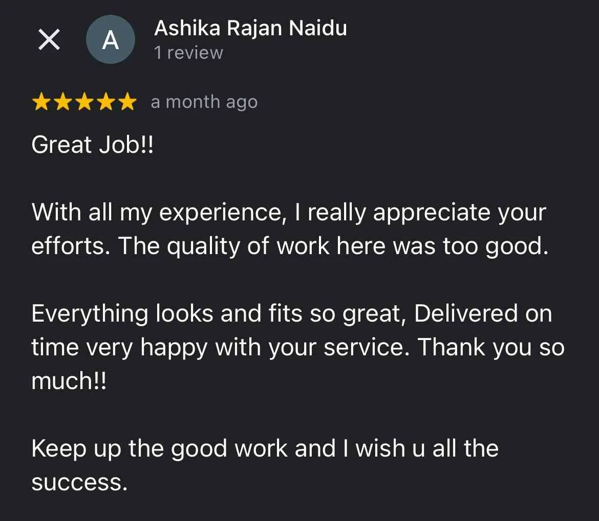 Screenshot of a positive customer review for a service, praising the quality and timely delivery, signed by Ashika Rajan Naidu.