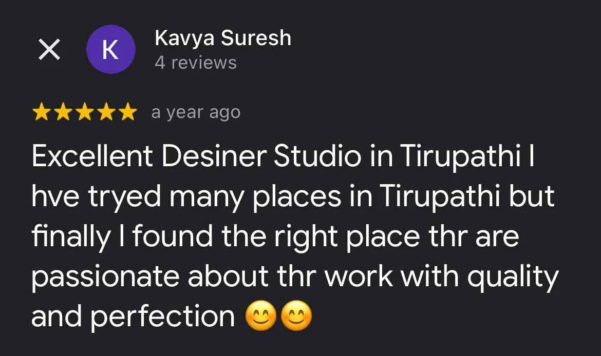Screenshot of a Google review for Kavya Suresh, describing a design studio in Tirupathi with five-star rating and positive feedback.