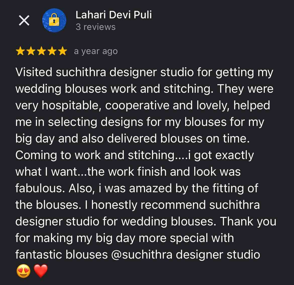 Screenshot of a positive review for a designer studio, praising their work on wedding blouses, with five stars and a heart and smiley emoji.