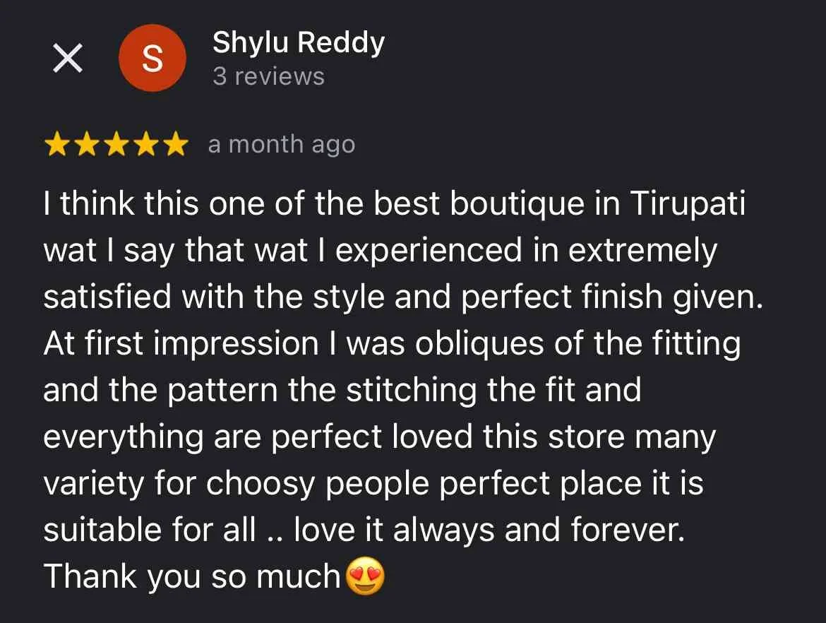 Screenshot of a Google review for a boutique in Tirupati, praising the style, finish, and fit of the clothing. The review is written by Shylu Reddy and has a 5-star rating.