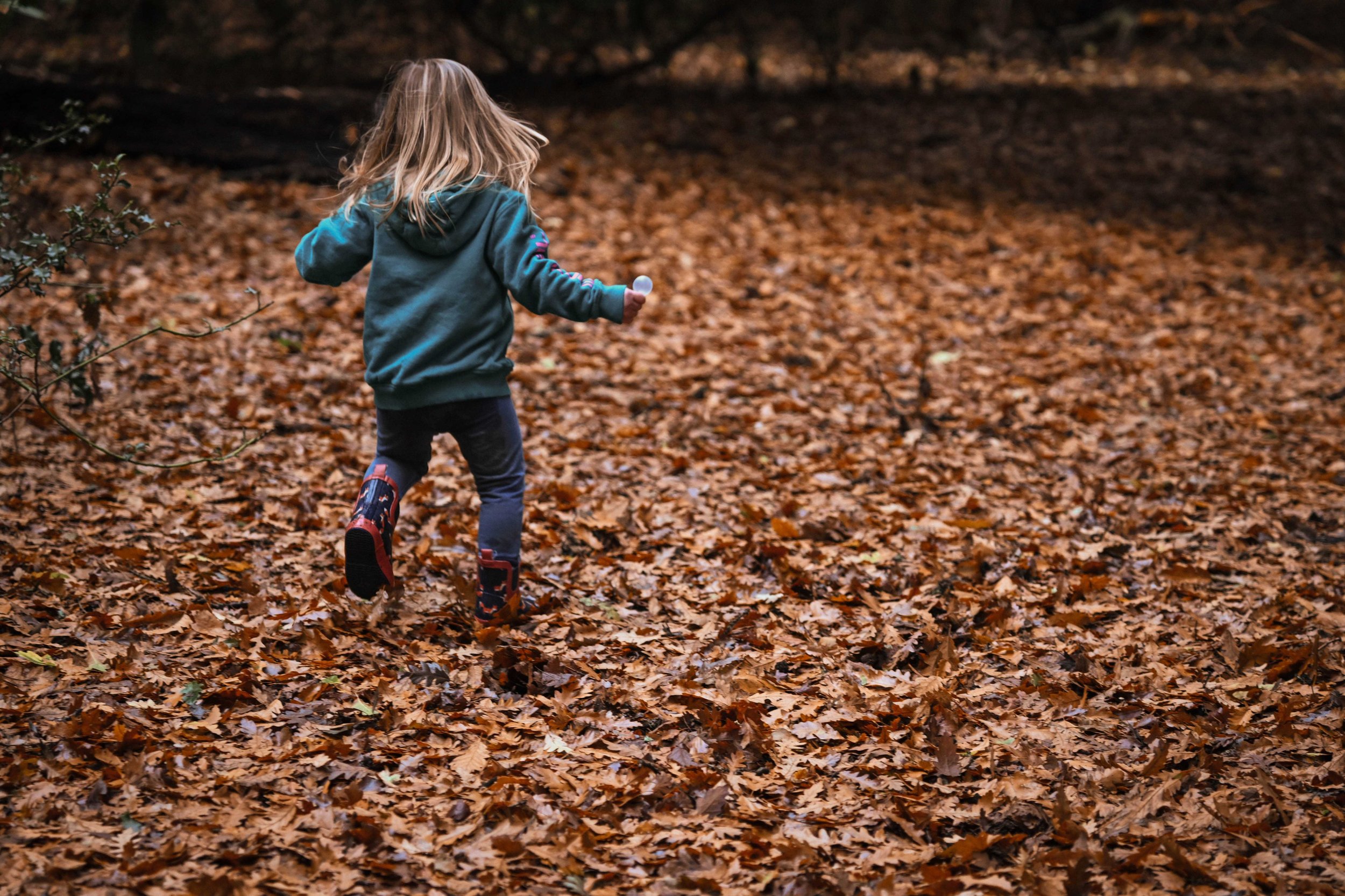 Child running through fallen leaves