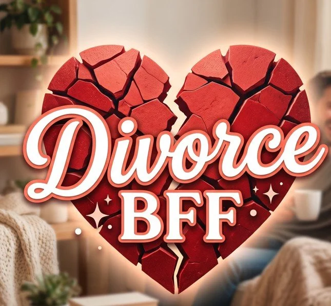 A broken red heart with the words 'Divorce BFF' written across it in large white and red text, in a cozy indoor setting.