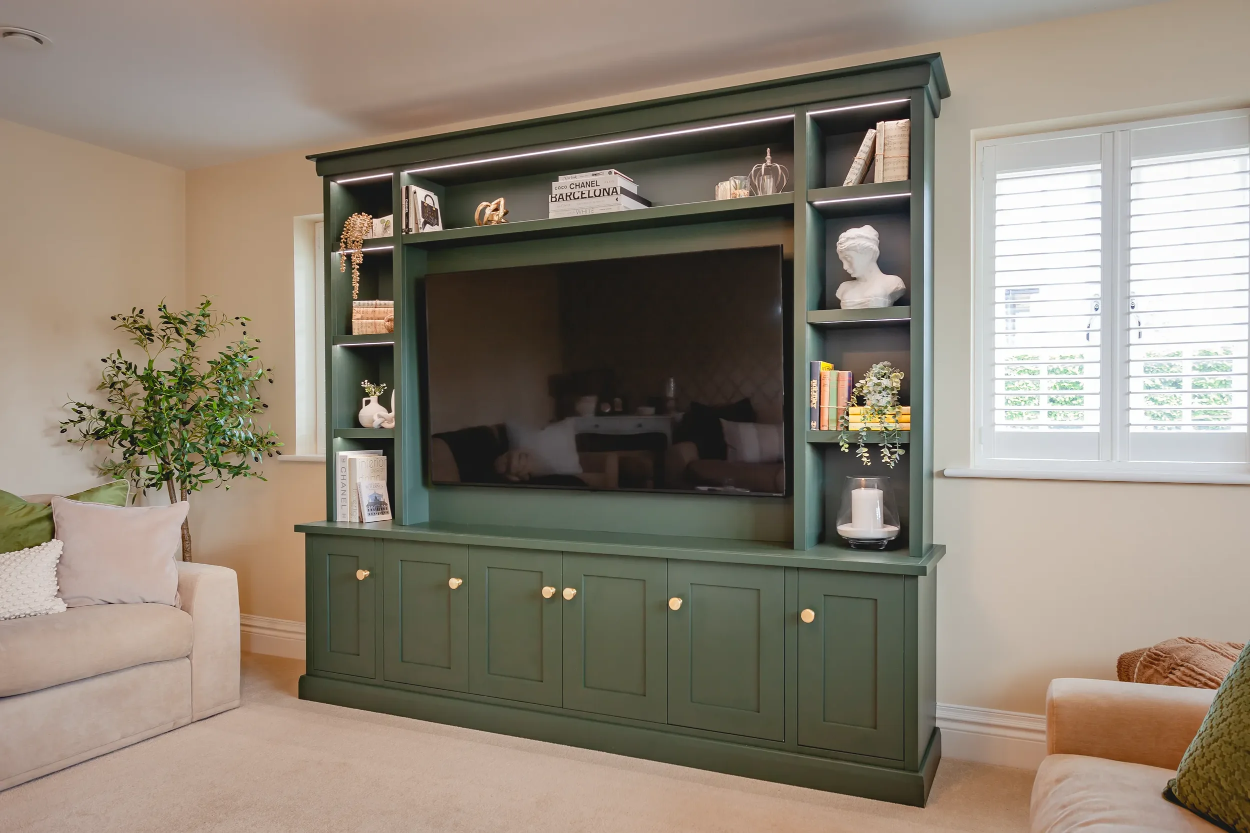 Juniper Workshop - Media Wall AV Unit Bespoke Custom Spray Painted Cubbies LED Lighting Unique TV.webp
