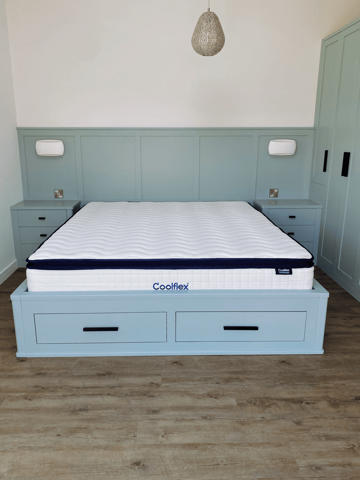 Bespoke Handmade Bedroom Set Air BnB Floating Shelves Lighting Drawers Headboard Bedside Tables 