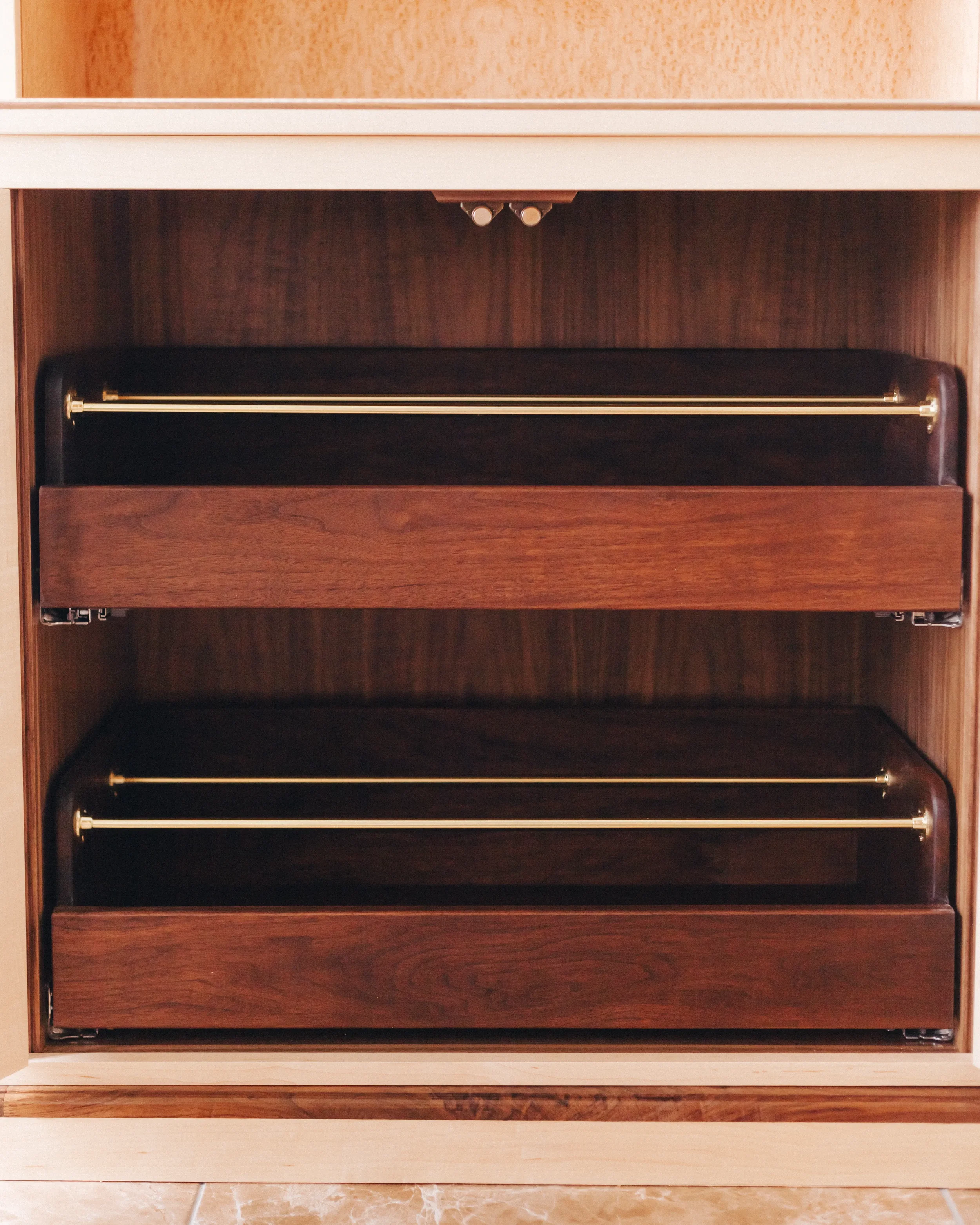 Bespoke Hardrock Maple Birdseye Maple and solid walnut curved shoes cabinet and shelving (14).webp