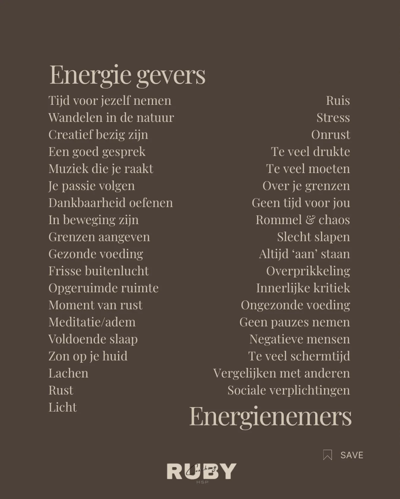 Soms voel je je leeg zonder precies te weten waarom.
Tot je even stilstaat&hellip; en kijkt waar je energie eigenlijk naartoe gaat.

Deze lijstjes heb ik ooit zelf voor mezelf gemaakt om inzicht te krijgen.
Wat vult me op?
Wat zuigt me leeg?

Sindsdi