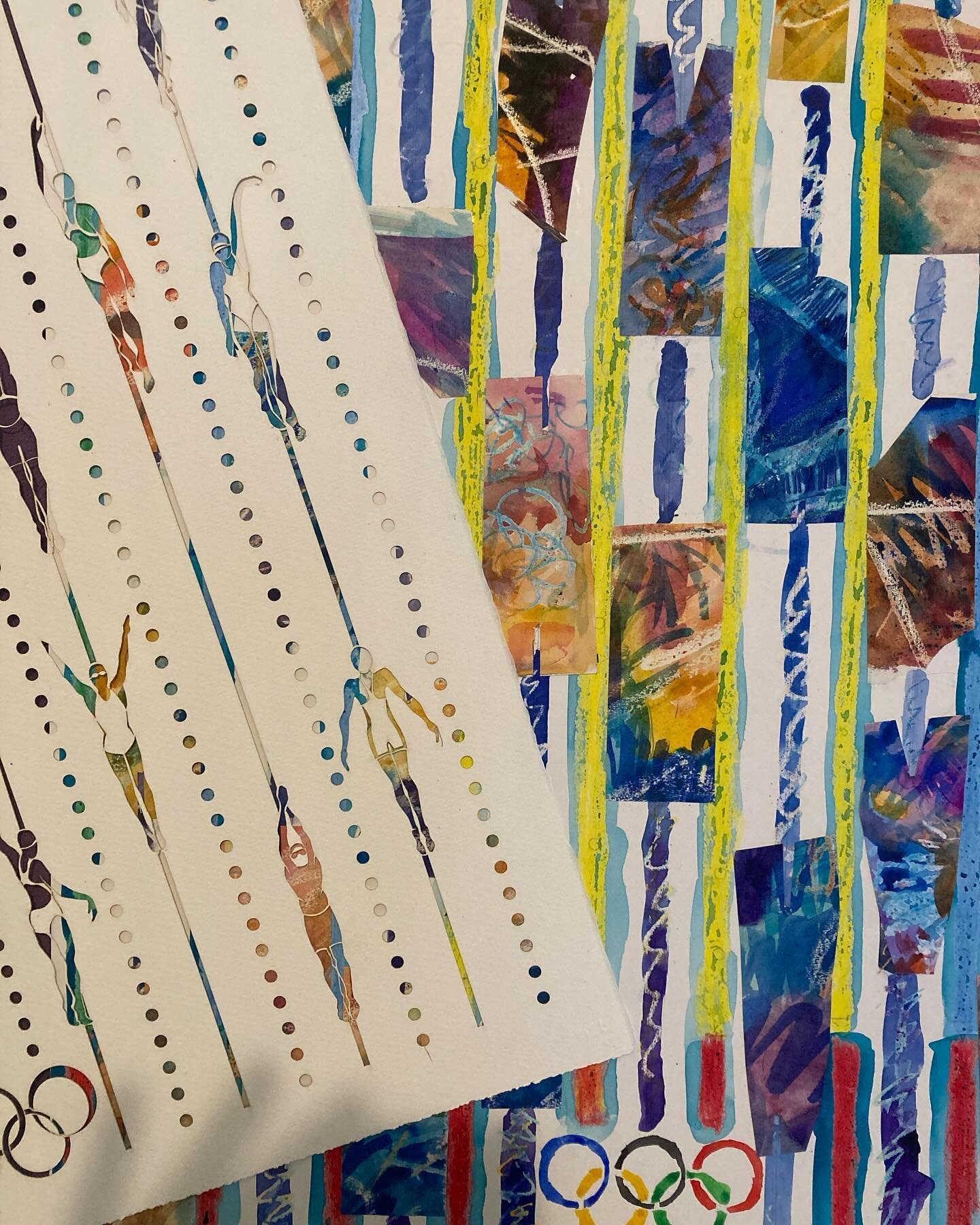 I&rsquo;ve been working non-stop for what feels like weeks, on my @olympicmuseum commission. Here&rsquo;s my swimming collage. A painted background with an overlay of papercut. I&rsquo;ve now spread out all over the floor of the studio but have to cl