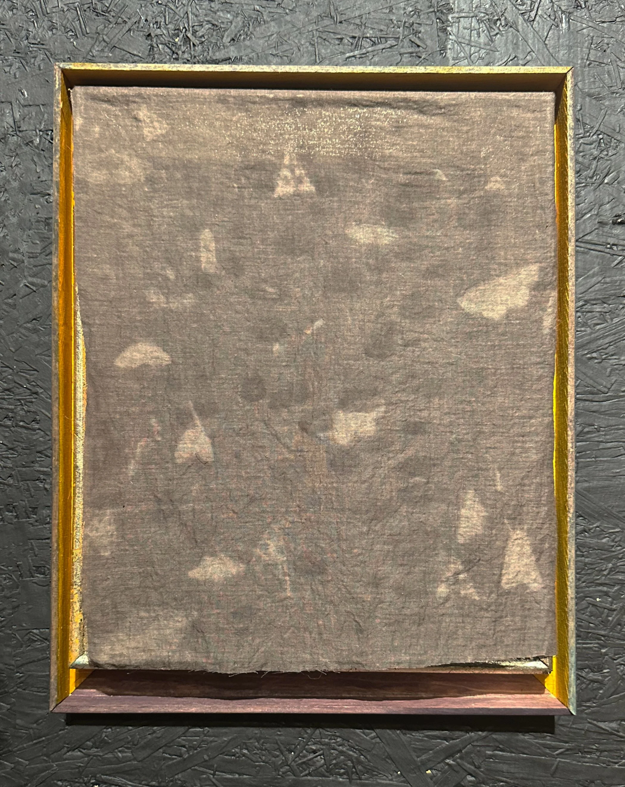 Ash Ferlito, Ithaca, Wine-toned cyanotype on muslin, acrylic and 14K gold on wood, 13” x 10.5”, 2024