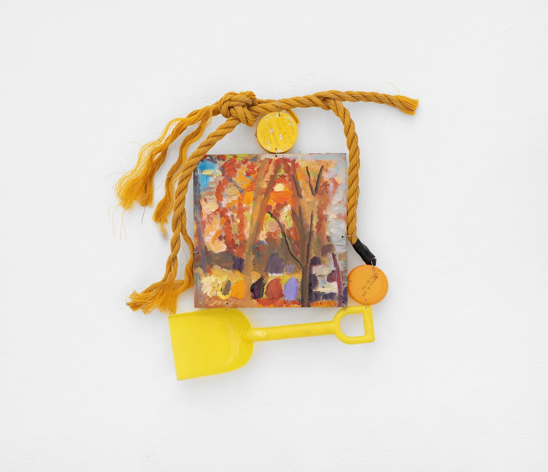 Ilse Sørensen Murdock, Shovel,
Oil on wood, found plastic refuse, wire,
11” x 11”, 2024