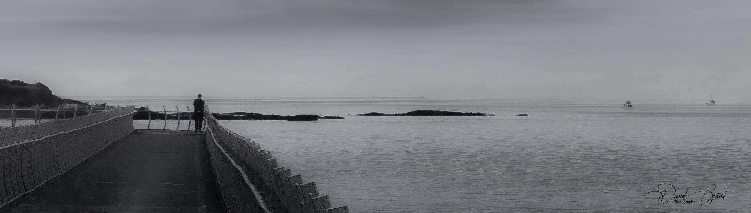 A person standing on a curved wooden pier overlooking a calm body of water with two ships in the distance and a cloudy sky.