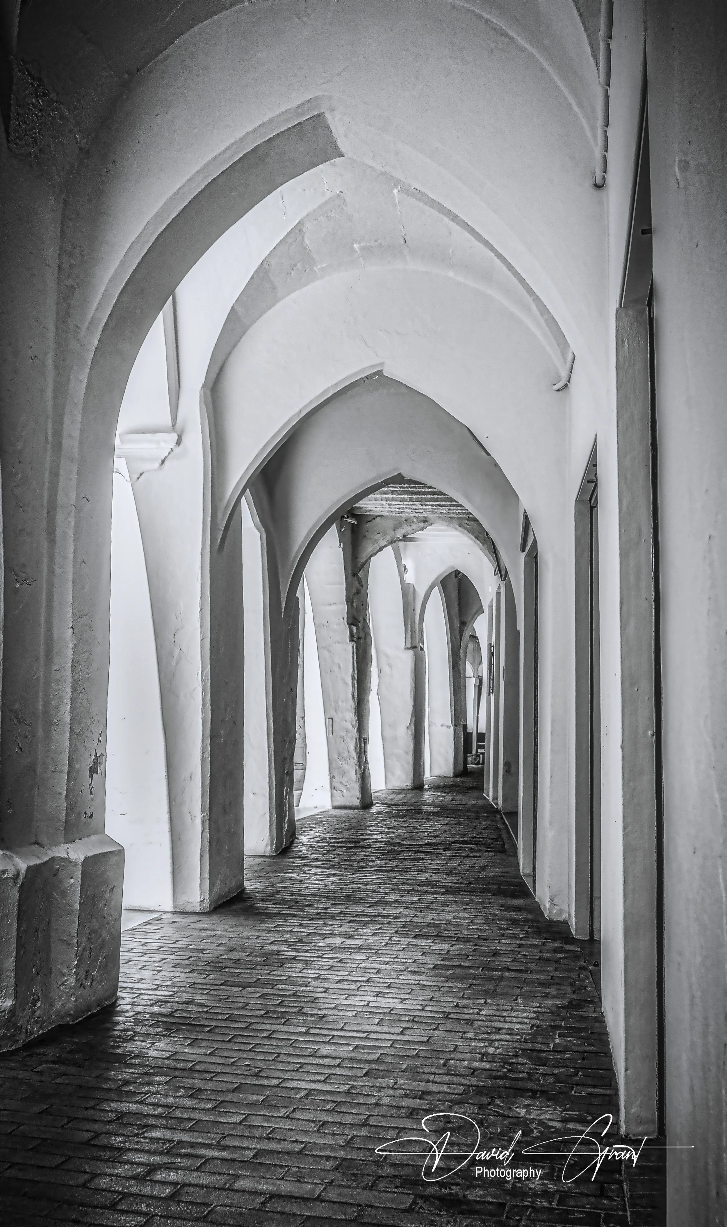 Black and white photo of a winding corridor with arched ceilings and stone flooring.
