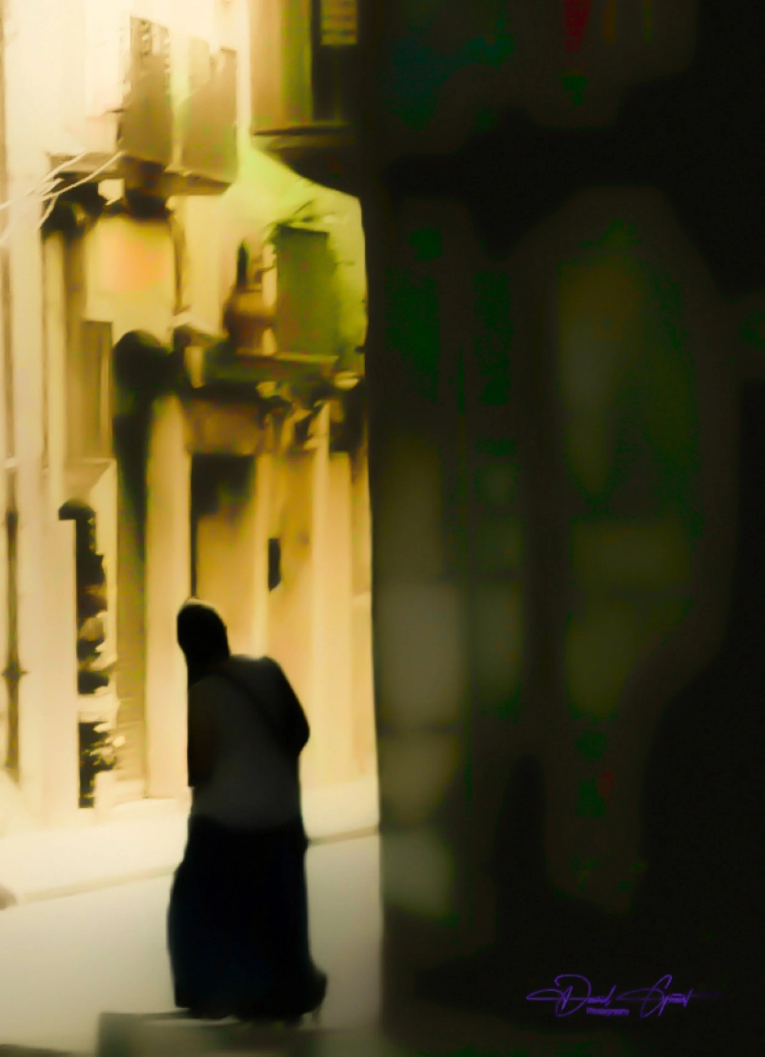 A person wearing a hoodie and baggy pants walking through a dimly lit indoor space with various objects and shelves along the walls.