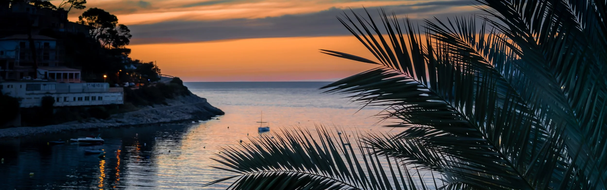Sunset over the ocean with a sailboat in the water, silhouetted foreground of palm fronds, hillside with buildings and trees in the background.