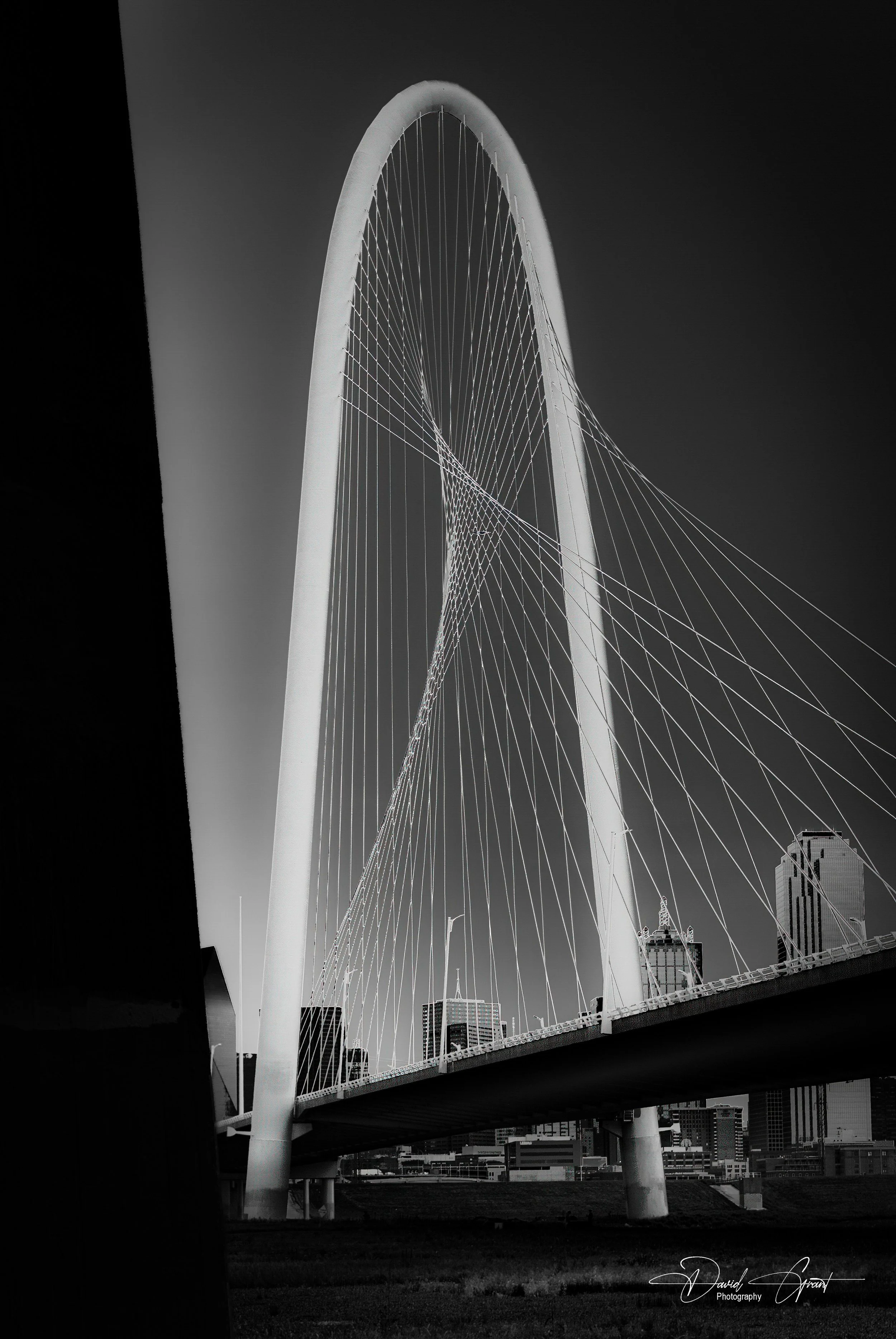 Black and white photo of a modern cable-stayed bridge with a tall, curved tower and multiple cables supporting the bridge deck, city skyline in the background.