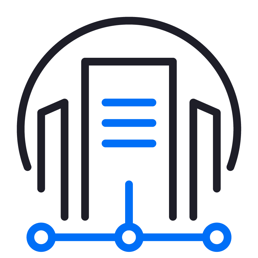 Icon of a data server with a connected network, wearing headphones.