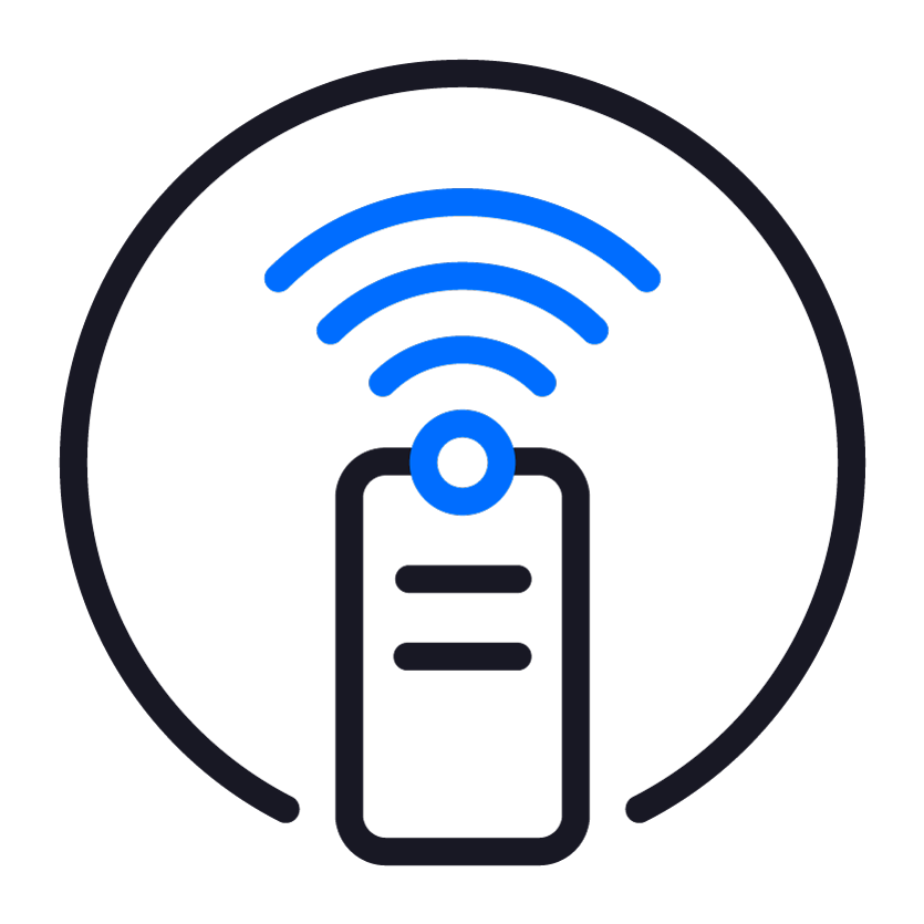 Icon of remote control with Wi-Fi signal indicator, suggesting wireless connectivity.