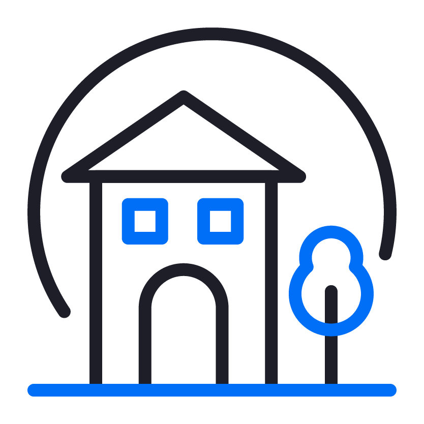 Outline of a house with two windows, a door, a tree, and a semi-circle arching over the house, all in blue and black lines.