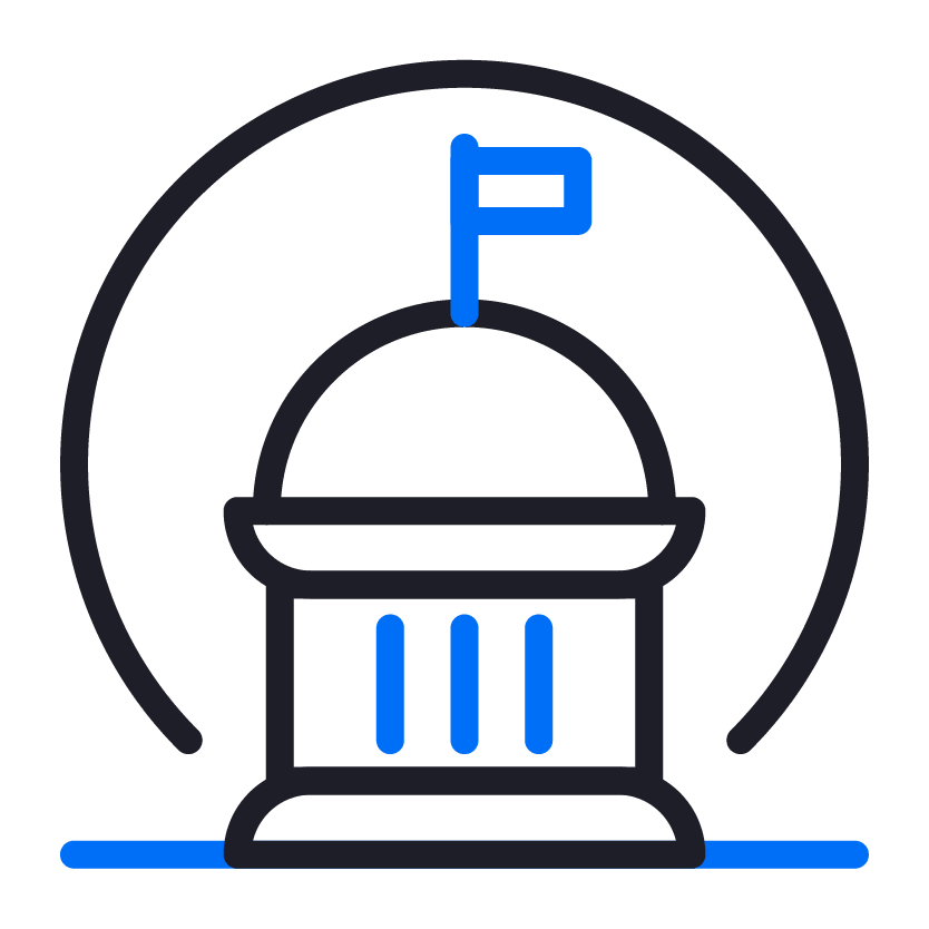 Icon of a fortress with a flag, surrounded by a shield outline.