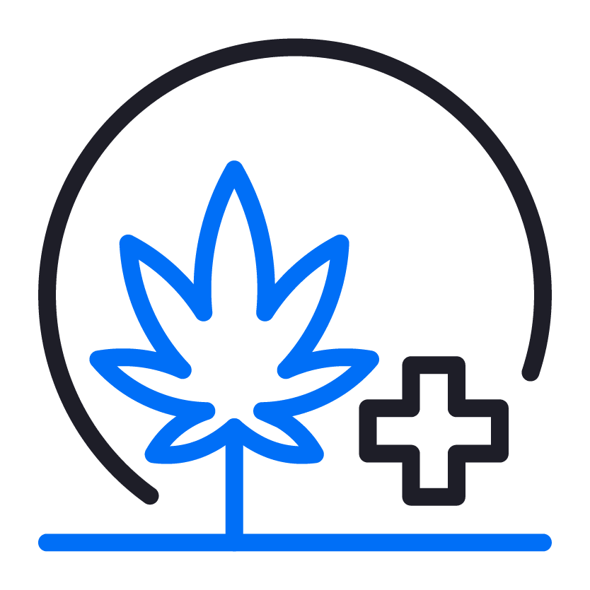 An icon of a cannabis leaf in blue with a medical cross symbol nearby, inside a circular border.