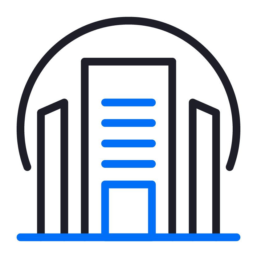 Graphic illustration of a server building with a headset around it, representing customer support or IT infrastructure.