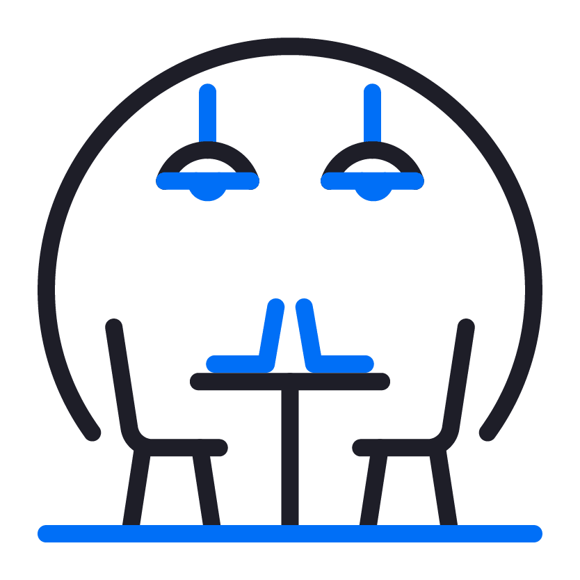Neon-style line drawing of a face with two chairs, a table, and a lamp, resembling a cozy cafe scene.