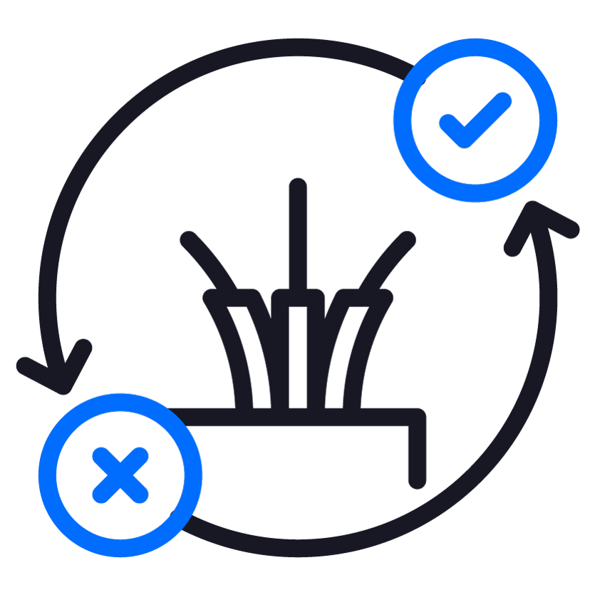 Diagram showing a process with a red cross at the beginning, a plant or sprouting seed in the middle, and a blue checkmark at the end, with arrows indicating a cycle.
