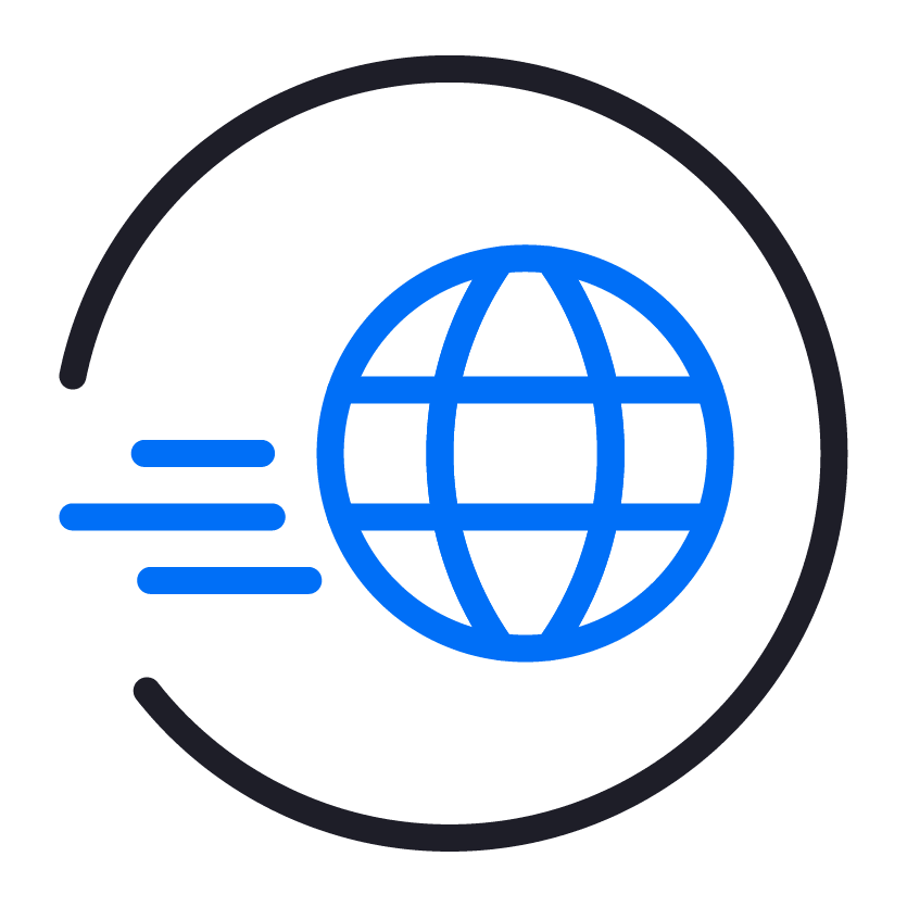 Icon of a globe with fast-moving lines indicating internet or speed, enclosed in a circle.