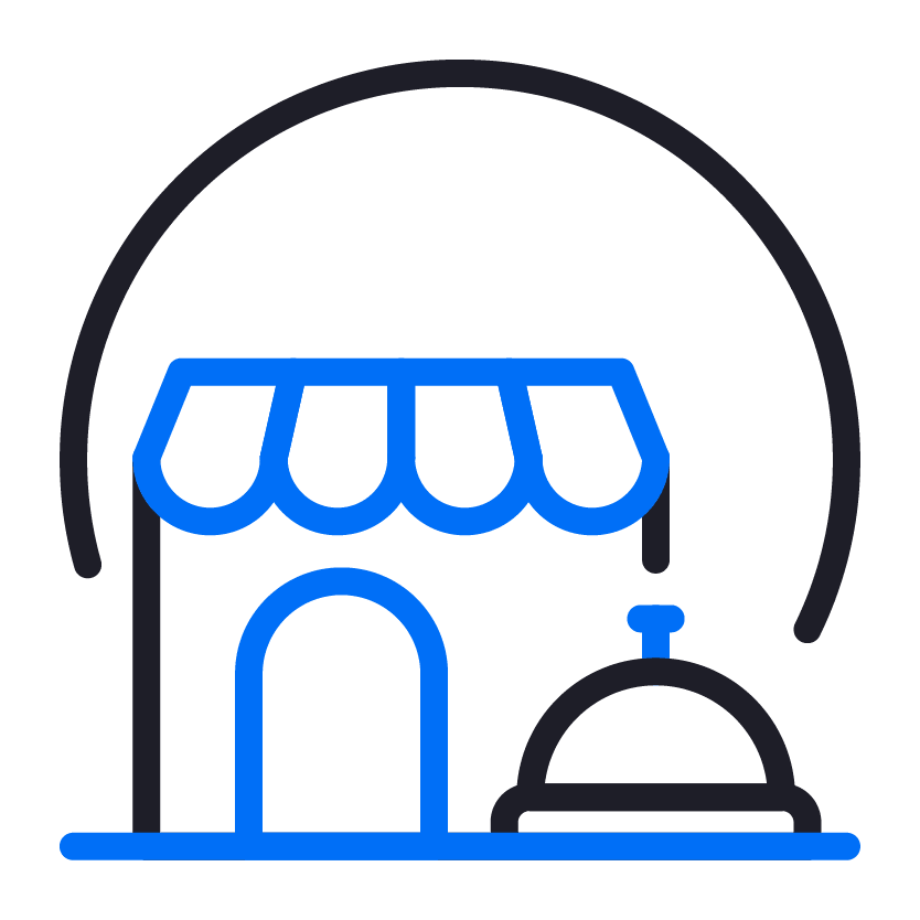 Blue-line icon of a storefront with an awning and a bell outside.