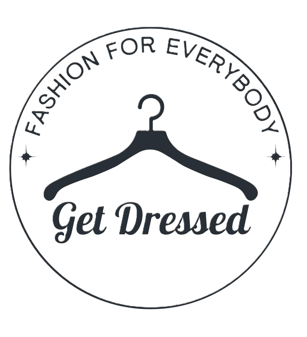 Circular logo with a clothing hanger and the phrase "FASHION FOR EVERYBODY Get Dressed" on it.