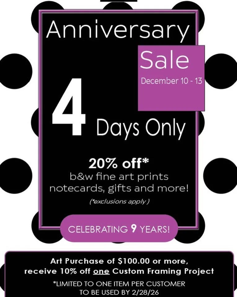 📷 51art - Anniversary Celebration!
CELEBRATING 9 YEARS!

20% off*
b&amp;w fine art prints
notecards, gifts and more!
(* custom framing, ready-made frames and
select artworks are excluded)

Use code ANNIVERSARYSALE online

BuyArt &mdash; it&rsquo;s g
