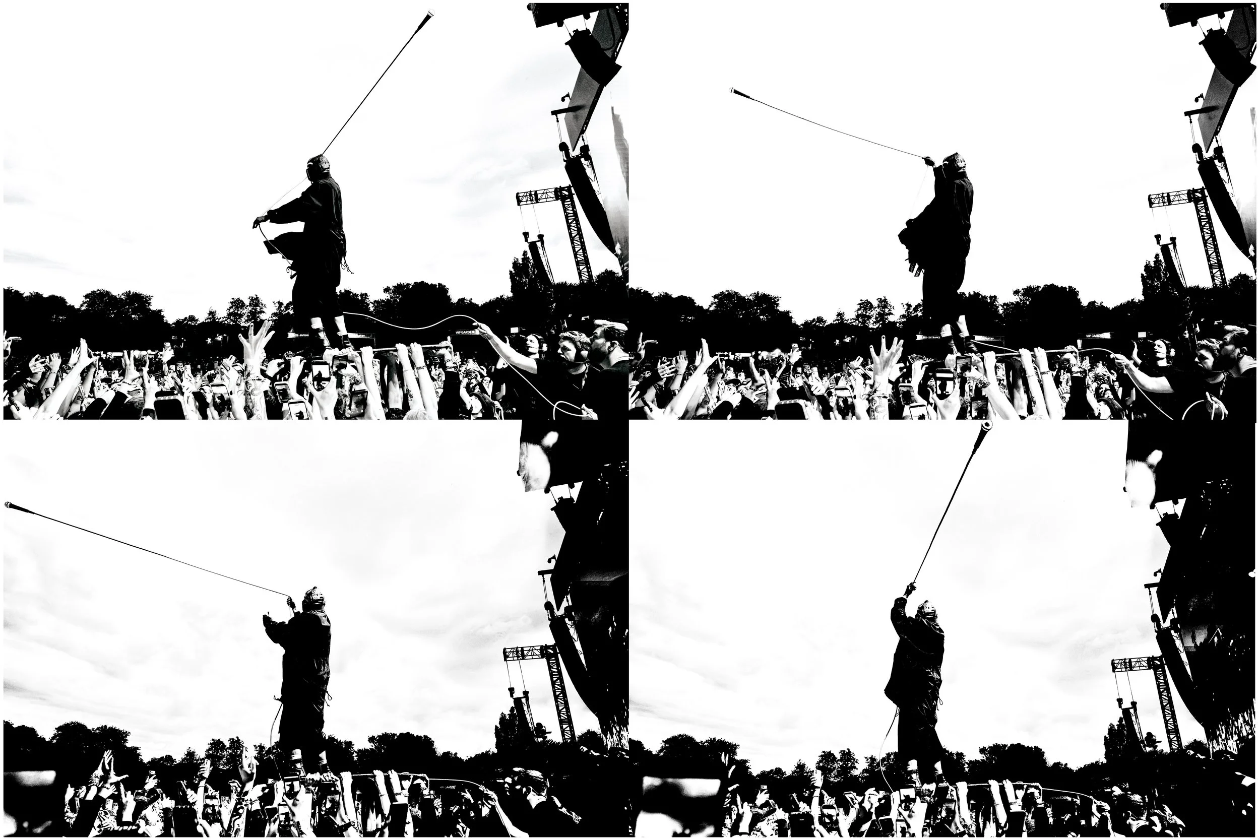 black and white images of TYLER JOSEPH from TWENTY ONE PILOTS standing on top of audience while swinging his microphone in the air at All Points East Festival in Victoria Park, London in 2026