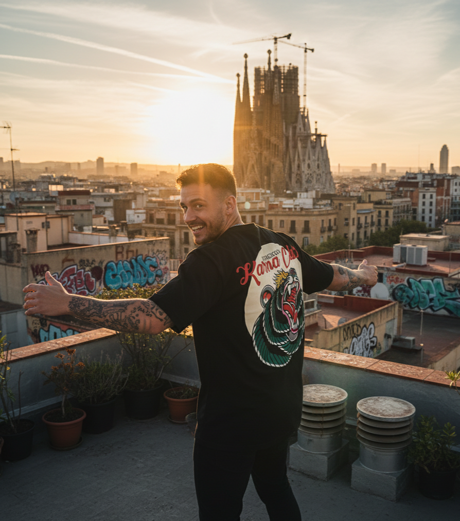 Karma Club graphic t-shirt streetwear design with positive vibe artwork by Fat Pigeon BCN