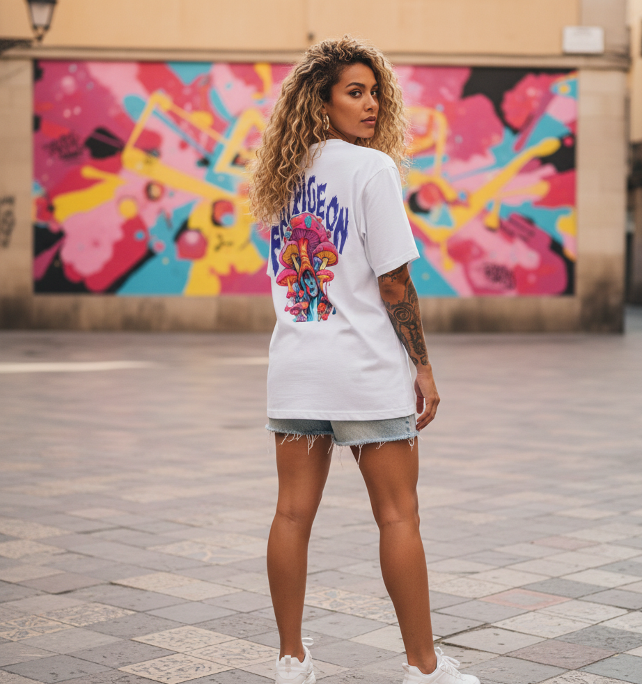 Woman wearing a white Fat Pigeon BCN graphic t-shirt with colorful mushroom design, standing in front of vibrant street art in Barcelona.