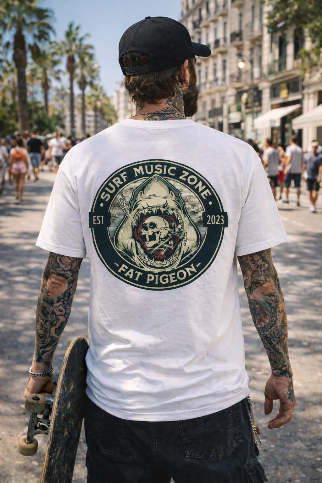 Surf Reaper skull graphic streetwear tee designed in Barcelona by Fat Pigeon BCN
