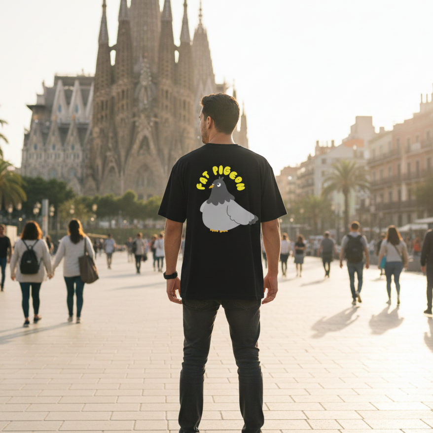 Man wearing a black Fat Pigeon BCN t-shirt with a cartoon pigeon logo, standing in front of Sagrada Familia in Barcelona, city street scene.