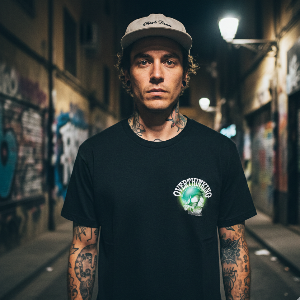 Unique Overthinking minimalist indie streetwear t shirt by Fat Pigeon BCN