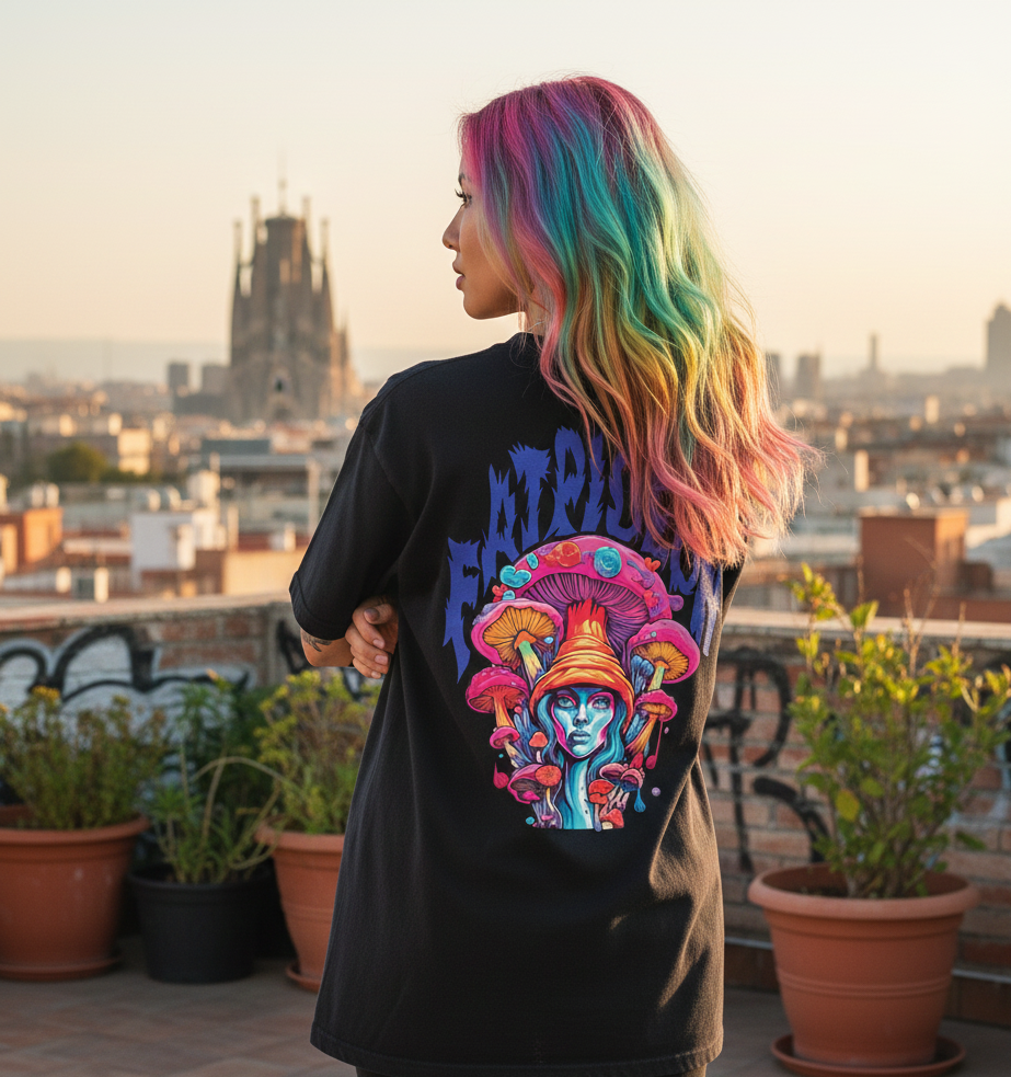 Trippy Tee graphic streetwear t-shirt with psychedelic design by Fat Pigeon BCN
